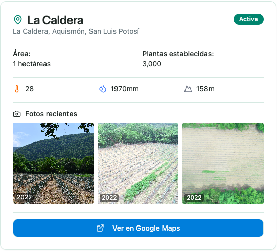 Panel de monitoreo de parcela mostrando ubicación, área y plantas establecidas con fotos recientes
